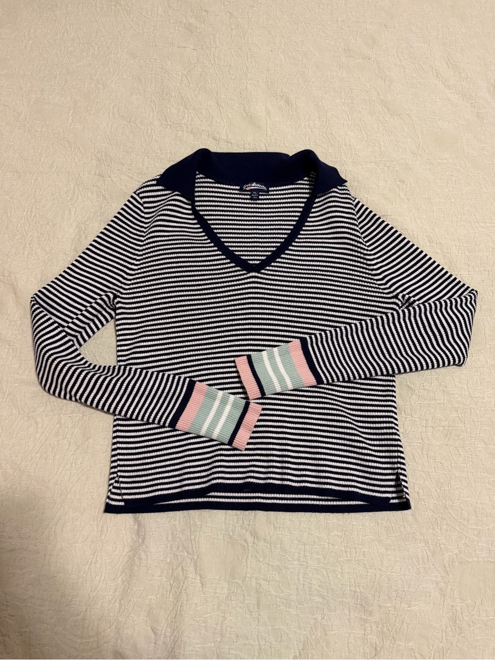 Freshman Navy and White Striped V‑Neck Sweater